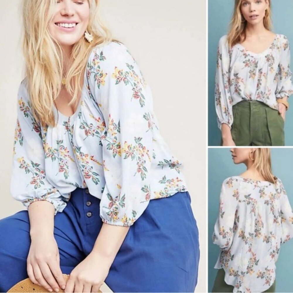 Anthropologie MAEVE Floral Boswell Popover Blouse Striped Pleated Blue Size 4